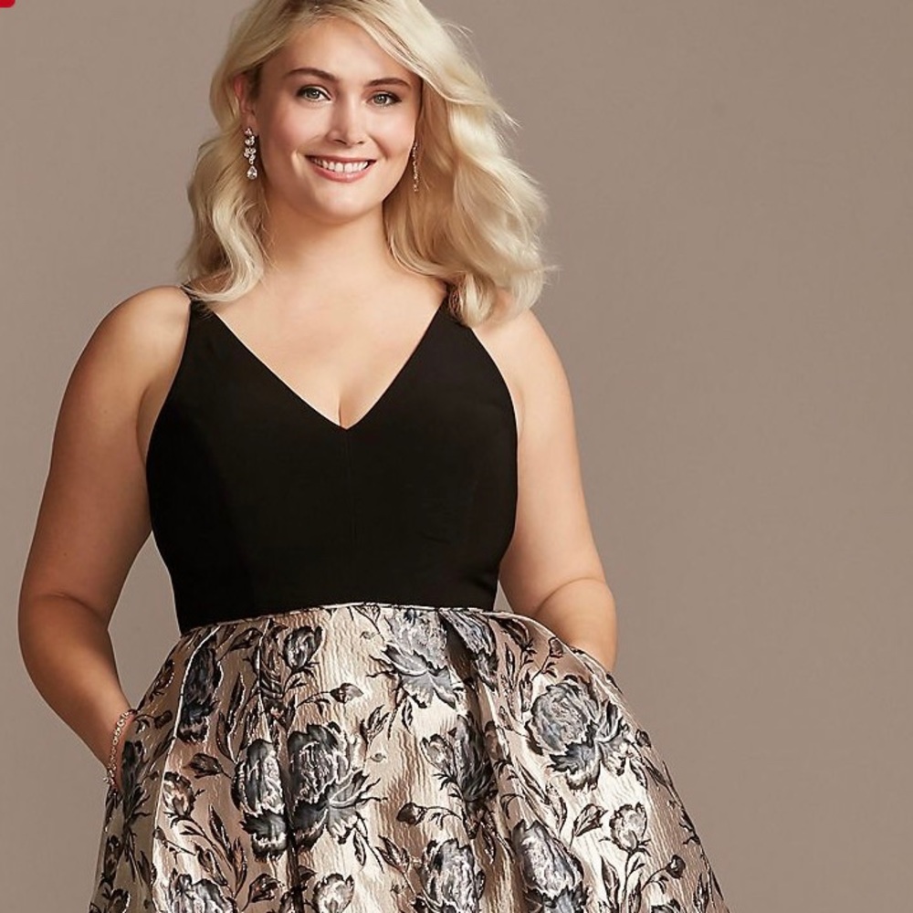 Morgan and Co V Neck Plus Size Gown with Gown with Floral Jacquard Skirt